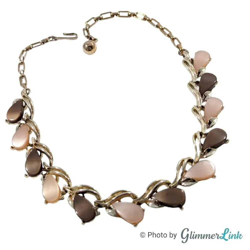 Vintage Brown & Cream Lucite Thermoset Teardrop Gold Tone Choker Necklace
